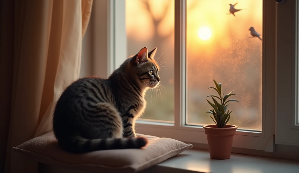 A serene scene of an elderly tabby black cat, its once vibrant coat now predominantly gray, sitting on a cushioned windowsill. The cat’s fur is graying significantly around its face and paws, emphasizing its old age. It gazes out the window at birds fluttering around a feeder, with the warm light of the setting sun highlighting the gray tones in its fur, creating a peaceful and reflective atmosphere, Photorealistic, 8K, (best quality, 4K, 8K, high resolution.
