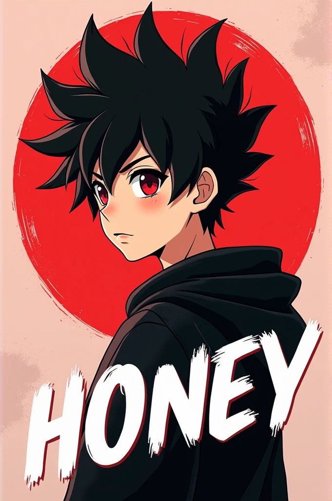 HONEY name anime logo stylish and colour red, white, black and cool stylish font with anime character boy and boy's hairs are up side