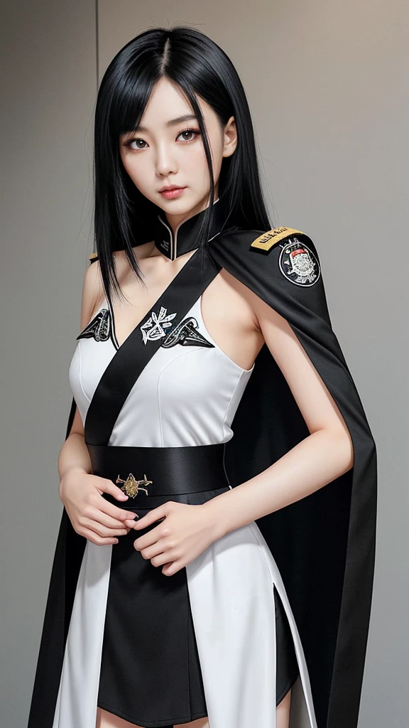 "Top CG, highest quality, smile, delicate and delicate beautiful girl, imperial pope, {{185cm big beauty}}, (tall), royal sister, military lady temperament, holy pope, fair skin, exposed chest, long legs, perfect facial features, bright eyes, officer hat, red lips, beautiful and cold, {{big breasts}}, beautiful and handsome, long blue hair, officer epaulettes, see-through visible skin, {{girl in red army coat}}, super detailed, { Blue lines on clothes}, delicate glowing eyes, crop top, white and blue leather clothing, tight leather clothing, 4K picture quality, urban beauty, modern urban, realistic portrait,