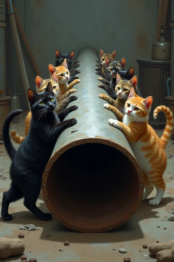 Make a picture of cats carrying a large, heavy steel pipe together.