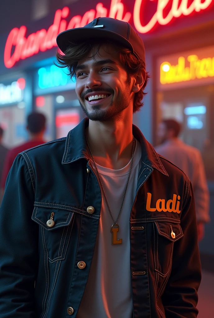 A 19  years young modern teenager 
 REALISTIC ,slow beard  ,wear a cap and on writing bold name is"LADI" , YELLOW SHOES ,DENIM BLACK JACKET ,FACE HIGH DETAILS,NECK IN "L" WORD LOCKET , BACKGROUND IN WRITE"CHANDIGARH CLUB , BACKGROUND COLOURFULL,SLOW SMILE, ATTRACTIVE SMILE,