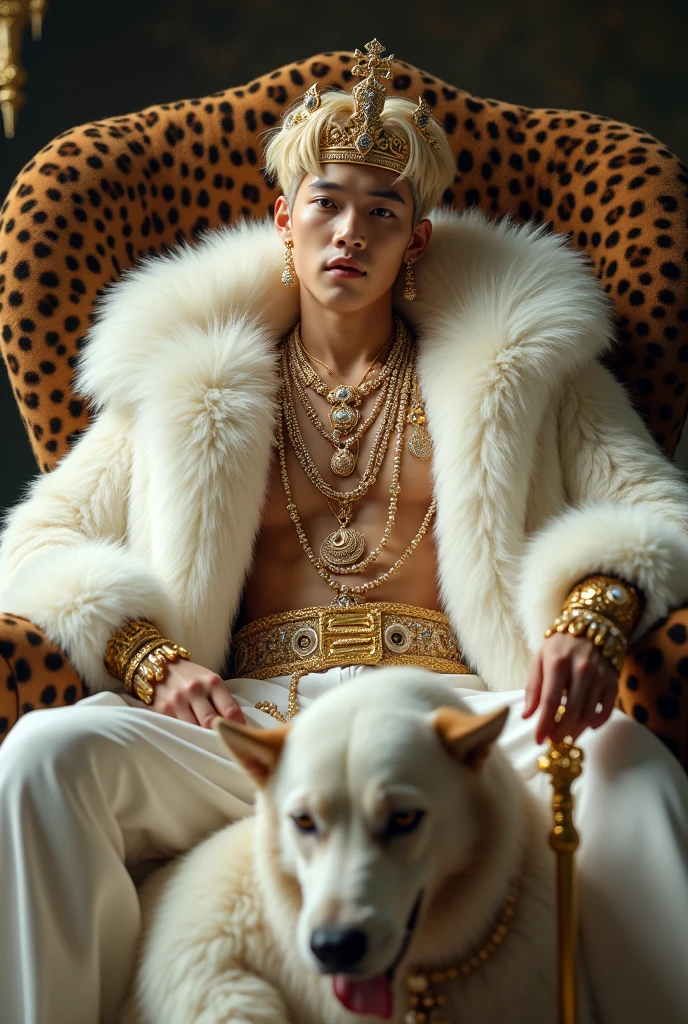 ((whole body)), ((head to leg)), ((all the body)), ((from below)),1asian girl,alone, ((stand up, leaning on ledge)), ((lean forward)), ((The features are clear, clear face, clear face)), handsome Korean boy, realistic, real,8k, clean, young Korean boy with a blonde gorgeous hair, pale skin, his face is also very handsome and young. sexy, he has a muscle body. wearing huge white fur coat, big crown, fur coat covering all the body, wearing big fluffy fur, sitting on leopard fur throne, throne covered with leopard fur coat, on the fur mug, gold necklaces, alots of gold jewerly, white skin, prince handsome gorgeous, bite lip, Simple and casual scene, Very detailed, Ultra-clear, best quality, official art, exquisite earrings, exquisite necklace, Very detailed description, , Sophisticated functionality, elegant, , Super fine details, masterpiece, Authentic texture, Realistic movie lighting, masterpiece, best quality, wearing huge white fur coat, many jewelry, alots of gold jewelry, every finger has golden rings, her sexy leg , she wearing fur slippers, holding a feather stick, fluffy feather stick, wearing huge crown, he don't wear anything except fur coat, petting dog