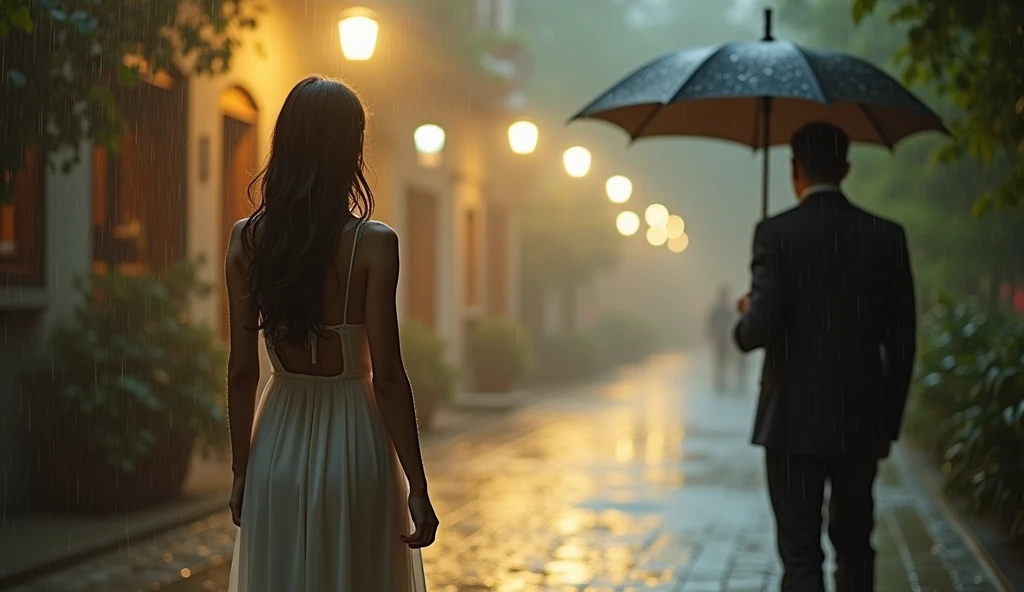 Create a serene and emotionally evocative scene where a woman stands in the rain, watching a man from behind. The setting is a picturesque, romantic location—perhaps a cobblestone street lined with trees or a scenic park with soft, diffused lighting from street lamps. The rain gently falls, creating a reflective, almost dreamlike atmosphere. The woman is dressed in a flowing, light-colored dress that softly moves with the breeze, and her expression is one of longing and deep emotion. The man, standing a short distance away, is unaware of her gaze, lost in his thoughts as he stands under the shelter of a large umbrella. The background is slightly blurred to focus on the emotional connection between the two characters. The overall color palette should be soft and warm, with the rain adding a sense of melancholy and tenderness to the scene."
This visual will perfectly complement the song's theme of longing and unrequited love, enhancing the emotional impact for the viewer.