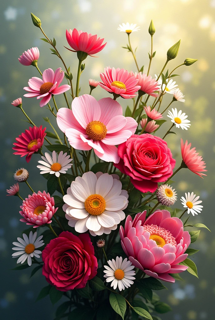 Flowers ,realistic ,bright colours, 4D, Photo og roses ,Peonies,Daisies,Chamomile ,Lily