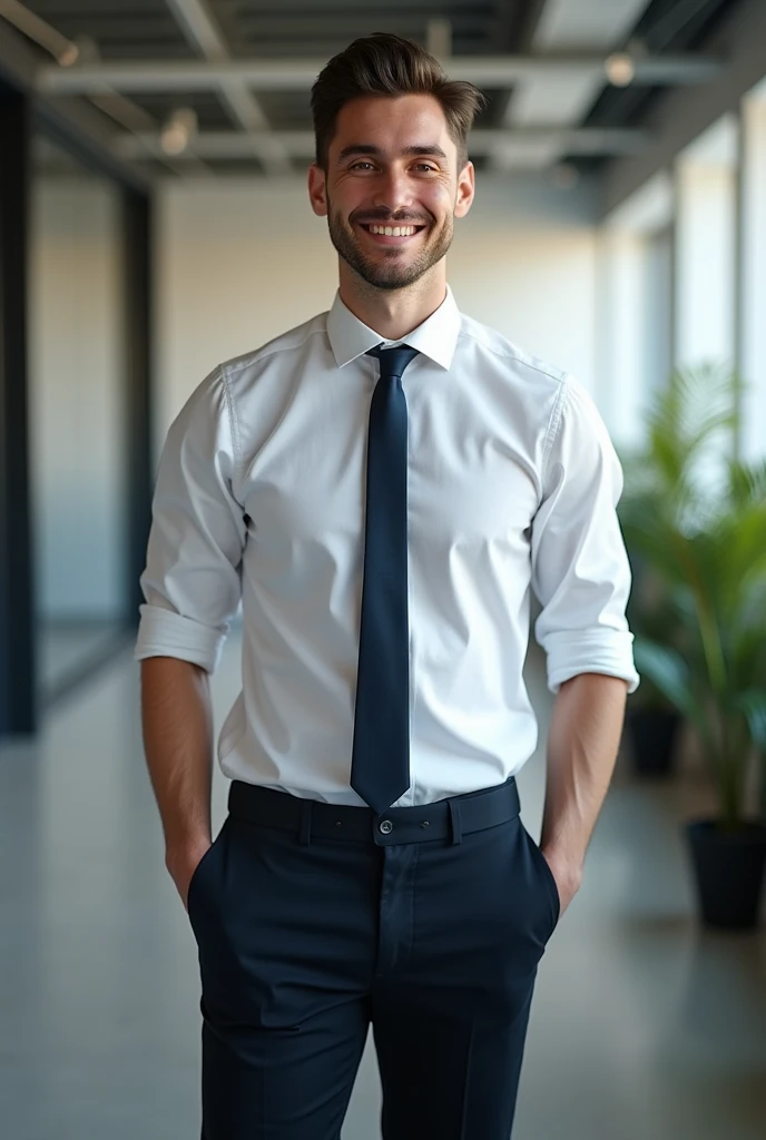 Boy in his 20s, an electrical engineering intern, smiling and wearing formal clothing