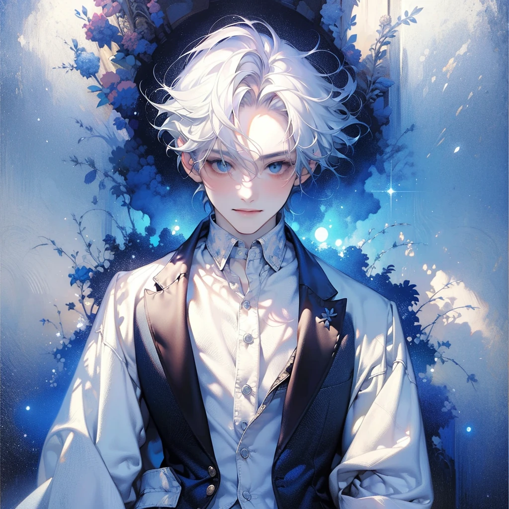 ((Masterpiece)), Best Quality, Ultra Detailed, Floating, High Resolution, (1 boy), short hair, white hair, blue eyes, smile facial, white shirt, white blazer,1 male,2,male,bust,mansion, noble,Adult male