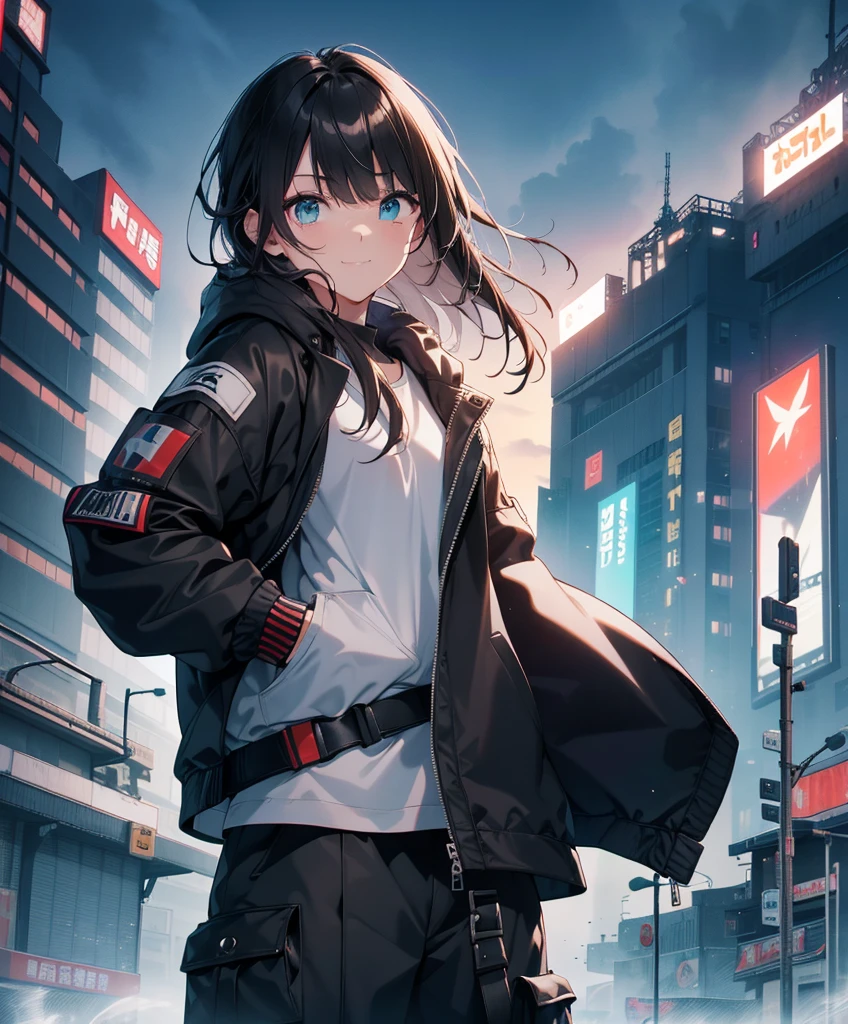 dance、Artistic jump、break dance、Intense movement、dynamism、Cyber city at night、Blade Runner atmosphere、Steam is coming out of the exhaust port on the road surface、The road is wet、solo、Fluttering Hair、Beautiful woman、Turquoise Eyes、Small Face、Abdominal muscles、Dark skin、、Bright smile、口をhalf開けて、White teeth are visible、(Asymmetrical bangs、Long black brown hair、half、grade、Hair on one eye、Disheveled Hair)、(cargo pants、spats、White sports bra、Short down jacket、Military Hoodies、gloves、White Sneezin Fingers、(See 4 books、One thumb)、Beautiful fingertips、Detailed Weapons、Human hand)、(Detailed face) 、(In 8K、Highest quality: 1.4、masterpiece、 Ultra-high resolution、 Highest Resolution,、Very detailed、 Professional Lighting、 Gray Light Lighting、Low angle from below、Blowing steam into the landscape、Fog in the landscape、Foggy、