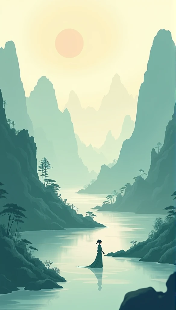 Chinese landscape, A medieval woman in the mountains and rivers,Minimalist sketches,abstract paintings, Zen, Amy Sol style, Cover art with light abstraction, Simple vector art, Contemporary Chinese art, Gradient of color, Soft color palette, layered forms, Whimsical animation, The style is ethereal and abstract