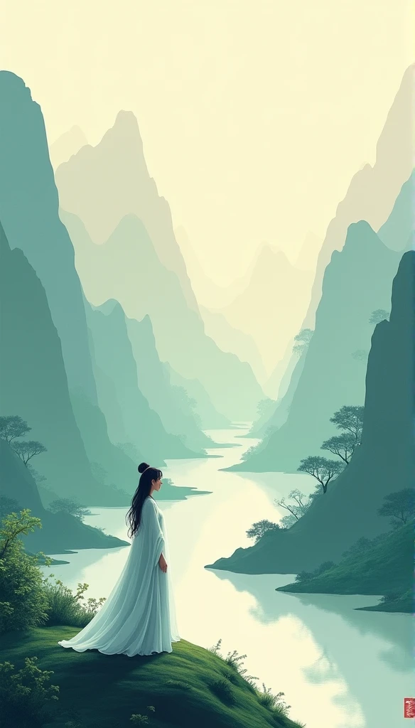 Chinese landscape, A medieval woman in the mountains and rivers，Minimalist sketches，abstract paintings, Zen, Amy Sol style, Cover art with light abstraction, Simple vector art, Contemporary Chinese art, Gradient of color, Soft color palette, layered forms, Whimsical animation, The style is ethereal and abstract
