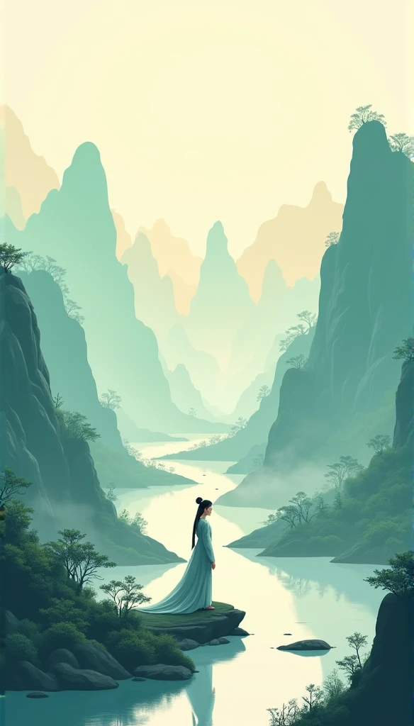 Chinese landscape, A medieval woman in the mountains and rivers,Minimalist sketches,abstract paintings, Zen, Amy Sol style, Cover art with light abstraction, Simple vector art, Contemporary Chinese art, Gradient of color, Soft color palette, layered forms, Whimsical animation, The style is ethereal and abstract