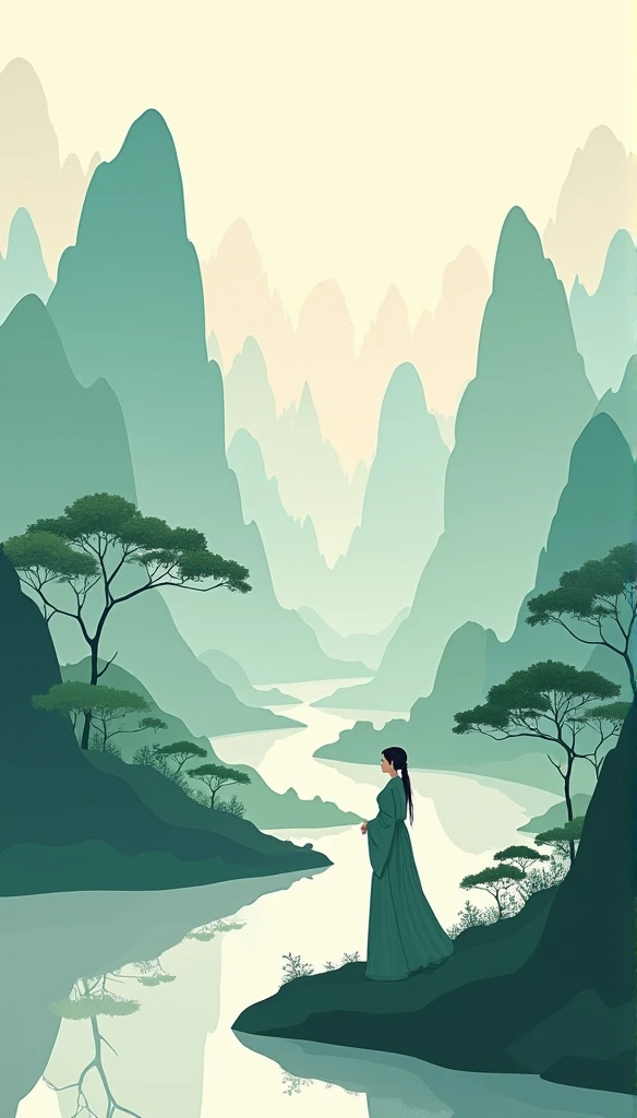 Chinese landscape, A medieval woman in the mountains and rivers,Minimalist sketches,abstract paintings, Zen, Amy Sol style, Cover art with light abstraction, Simple vector art, Contemporary Chinese art, Gradient of color, Soft color palette, layered forms, Whimsical animation, The style is ethereal and abstract