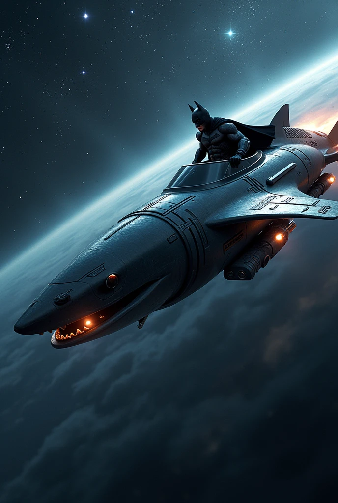 Create an image of a shark spaceship that is in the sky with many stars and that Batman is driving it.
