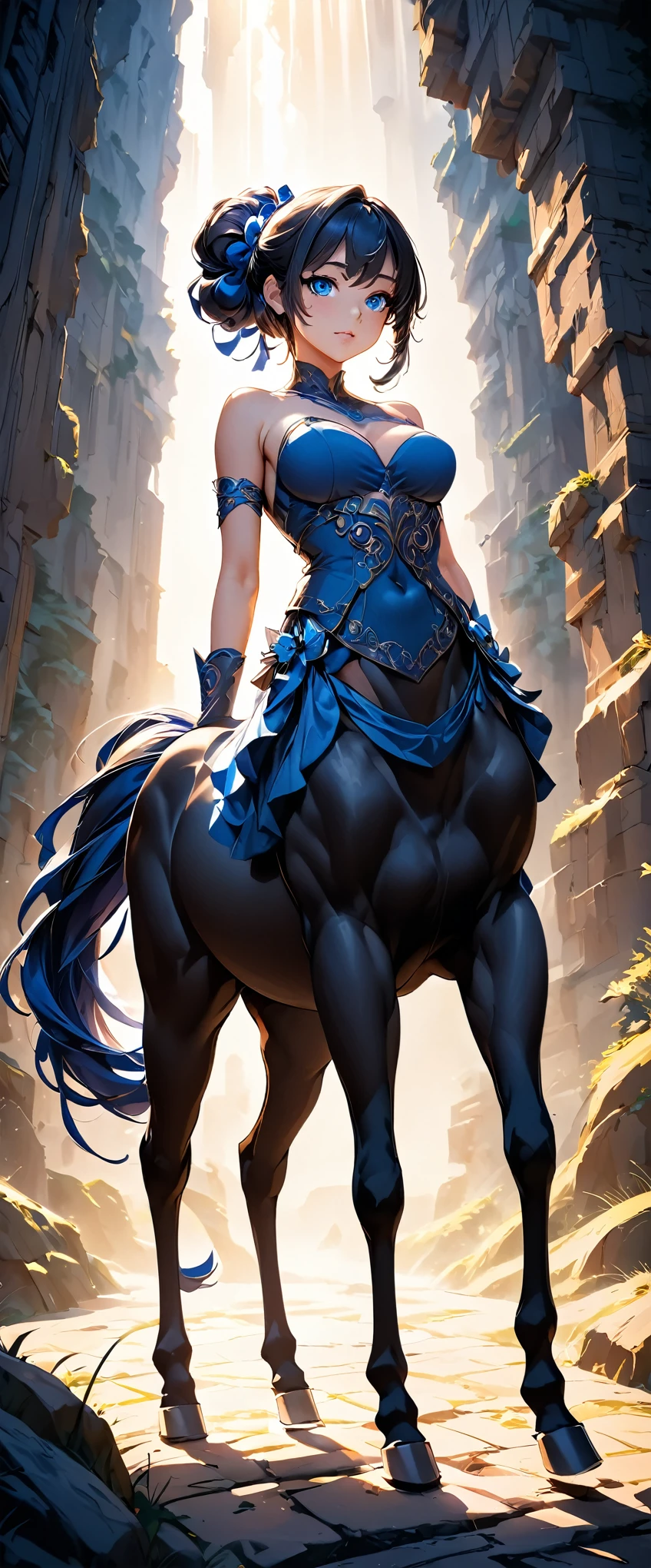 Intricately detailed female centaur, One female centaur, Well-balanced body, lewd eyes, Glamorous facial features, ((Beautiful Face, Blue Eyes, Long eyelashes, Natural Makeup)), Hair tied up, Heroine, ((Dynamic action scenes)), Majestic mythical creatures, Dramatic lighting, Fantasy art style, Cinematic構図, Bright colors, Dramatic Shadows, (Highest quality:1.2, Very detailed, Anime Style, High Contrast, Attention to detail, Ultra-high resolution, masterpiece:1.2), Cinematic写真, Complex background, Cinematic, Backlight, Film Grain,