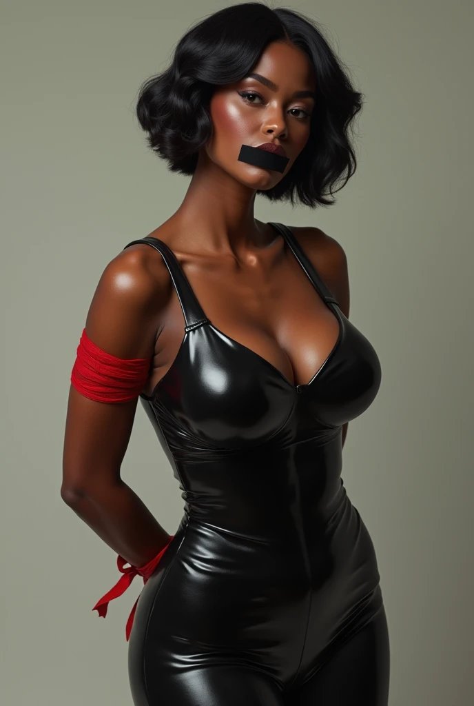 A sexy black women with a huge boobs and skinny belly and wave haircut which warring a black latex dress and her body tied up by a red bend included her hand behind her back and her mouth cover by a black tape (a little bit bigger piece)