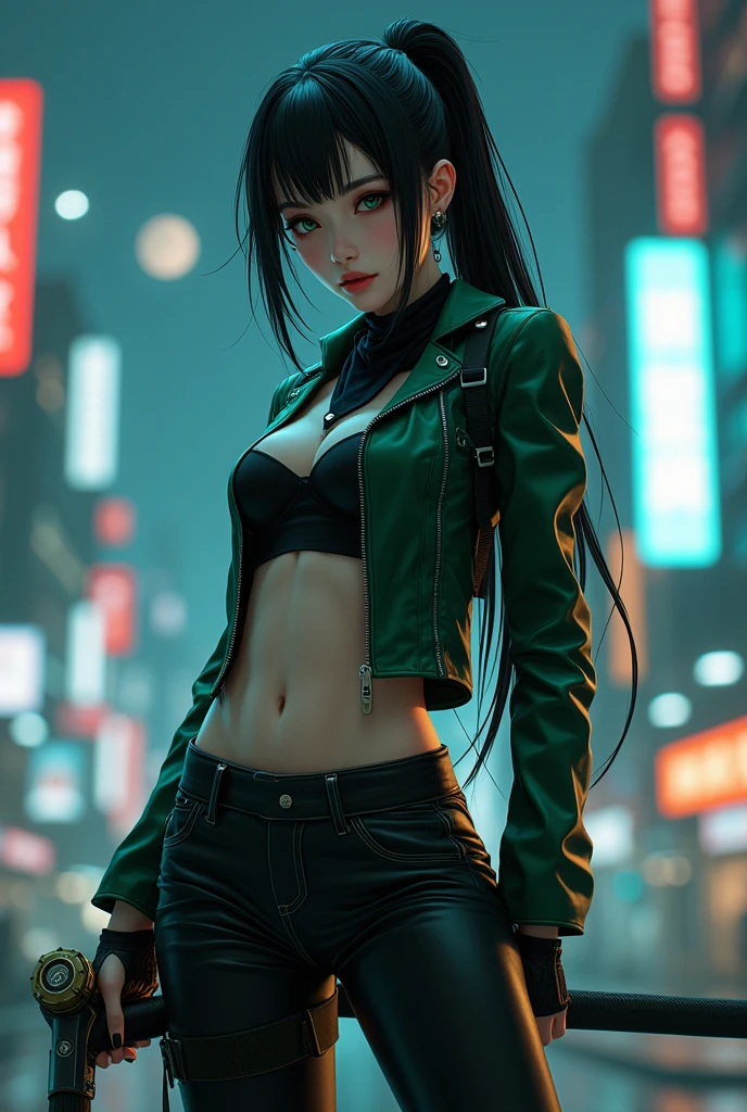 (head of&#39;artwork, best quality, 8k, sharpness, depth of ﬁeld, Best Shadows, lumières parfaites, HDR, texture de peau réaliste, hyper detailed background), Anime style, Prise de vue à grand angle, ((cyberpunk theme)), bare, 1 woman, c&#39;est une mercenaire, (yeux verts, skin white, cheveux noirs avec queue de cheval, neckerchief, smalll breasts, Mince, make up, eye liner, Glittering), elle travaille sur une ville coréenne futuriste, tenant un Tech-katana avec une forte emprise, nuit, sky, Waning Moon, porter une jolie veste technique et un pantalon en cuir.