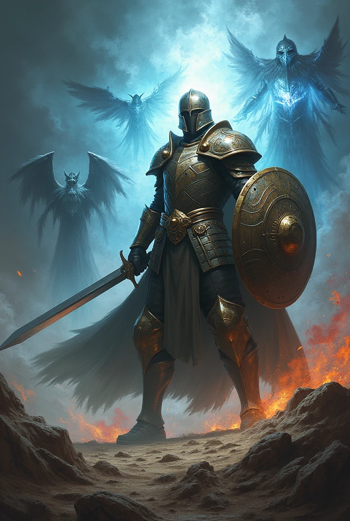 Create an image of a warrior fighting against powers and principalities