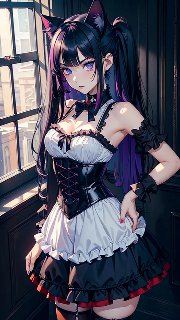(Masterpiece, best quality, highest resolution), (1 girl, solo, cat ears, goth girl, full picture, raytracing, melancholic expression, purple smokey eye makeup), (blue eyes, black hair), ((red fringes)), long hair, sleeveless shirt, corset, skirt, frills, glossy white kneehighs