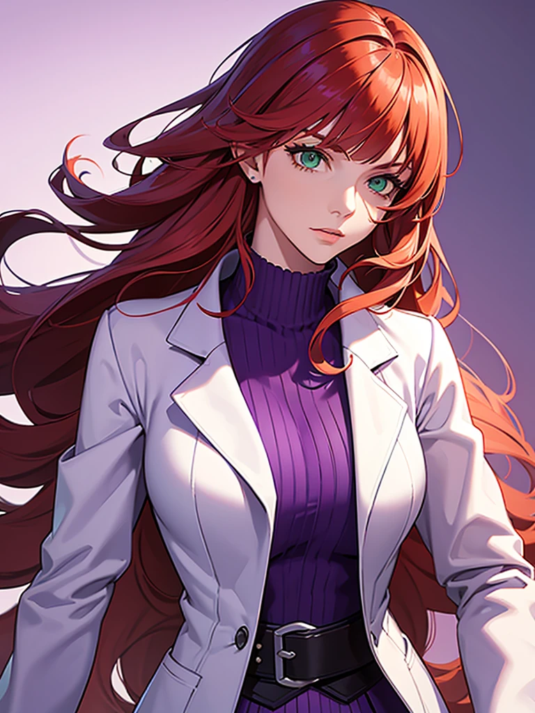 green eyes, red hair with long bangs, noble. sadistic women, wavy long hair. strong woman. purple outfit. she quiet. wear purple t shirt and white jacket. background in lab. she is a scientist  