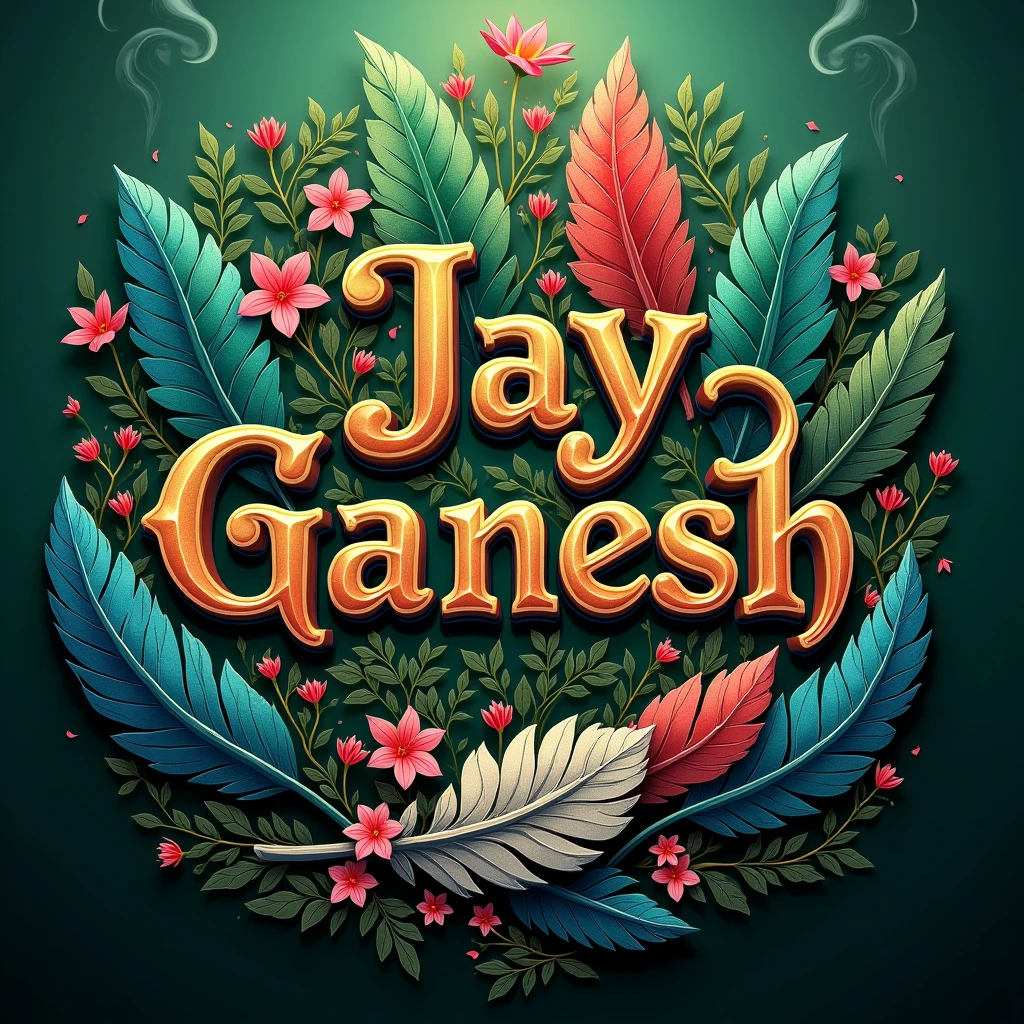 A colorful artistic composition featuring the word Jay Ganesh rendered in ornate, metallic letters. Surrounding it are vibrant Mushak feathers in shades of green, blue, and red, along with pink flowers and wisps of smoke. A silver Mushak, intricately detailed, is positioned diagonally across the bottom of the image, set against a rich green background.