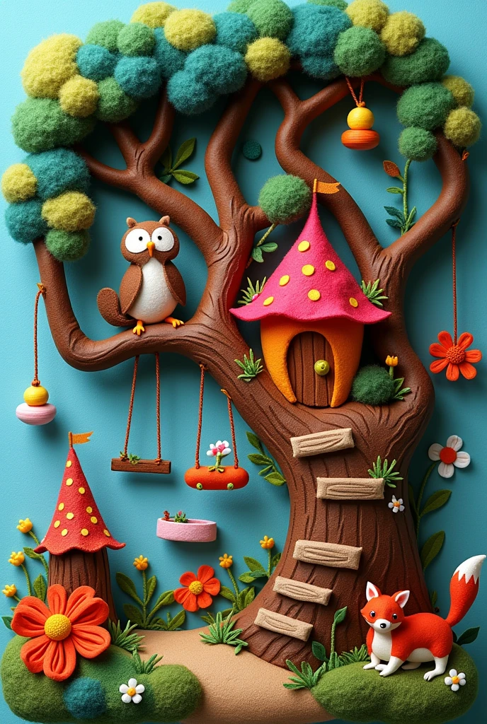 Create a felt art piece featuring a whimsical fantasy scene of a miniature village nestled in the branches of a blooming tree, inhabited by colorful felt creatures like a wise owl, a mischievous squirrel with an acorn hat, and a playful fox holding a tiny lantern. Each element, from the swings and lanterns to the vibrant flowers, is meticulously hand-stitched with bold, contrasting colors, bringing the scene to life. Incorporate interactive details, such as a tiny door that opens or a hidden pocket, to add charm and intrigue, making it the perfect enchanting piece