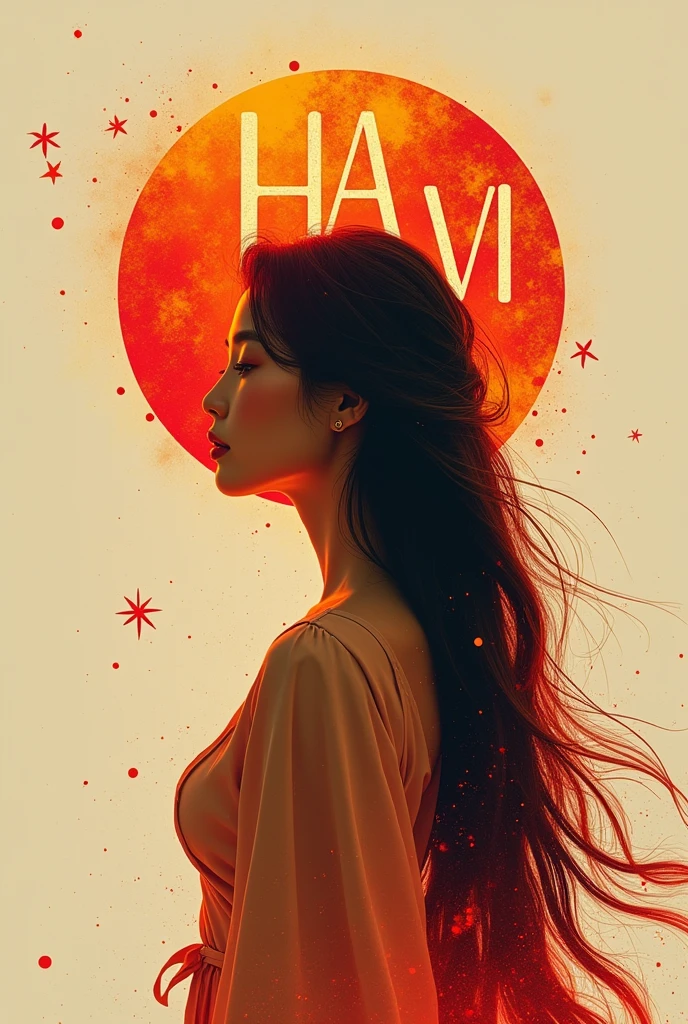 centralized writing HA VI with a capital letter and PHAM with a lowercase letter, written with planet being the name highlighted
with planet elements, the shadow of a woman making a headline, a radiant star, a simple contemporary art background,hong khong 90s, long hair