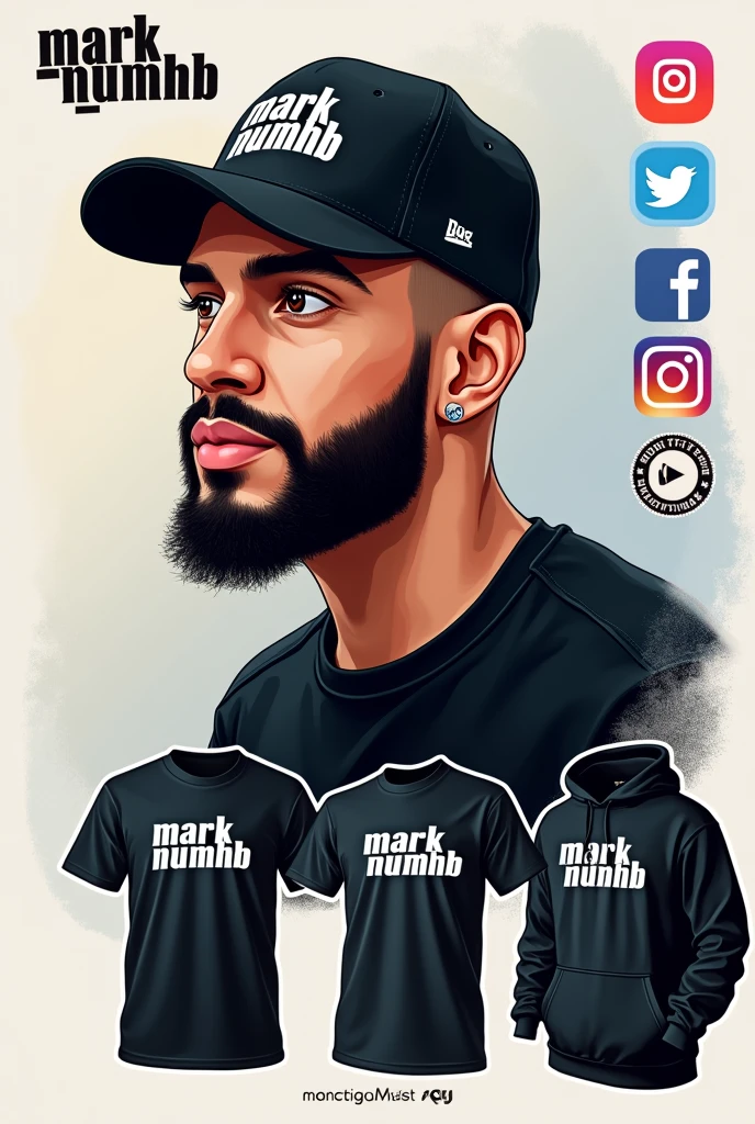 Create a social media profile photo for A young man with a beard and black basketball hat with the logo "Mark Numhb " with Facebook icon,Twitter icon ,Instagram icon ,twitter icon and tiktok icon where the person completes the design and puts them Vectors, Vector T-shirts, Vector Cups, Vector sticker,Vector Caps and Vector Hoodies Sell online 