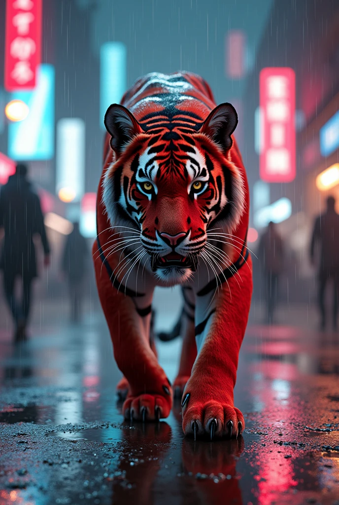 Bengal tiger in red cyborg costume walking in neon street in raining