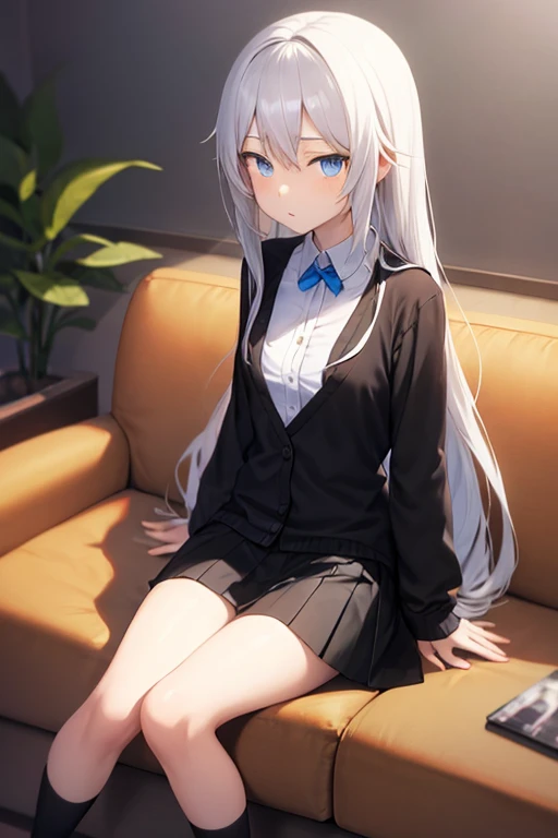 Anime girl, long white hair, blue eyes, white long sleeve collar shirt, short black skirt, black socks, black shoes, sit on sofa.