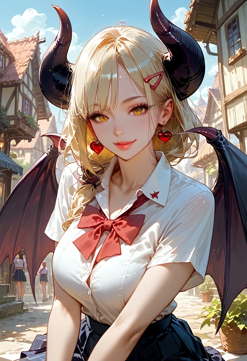 score_9, score_8_up,score_7_up,masterpiece, best quality, perfect anatomy, very aesthetic, official art, 8k,1girl, seductive smile,eyelashes,lips gloss,demon_girl,demon_wings,double horns,large_breasts, hairclip, school uniform, short sleeve shirt, sitting,night town