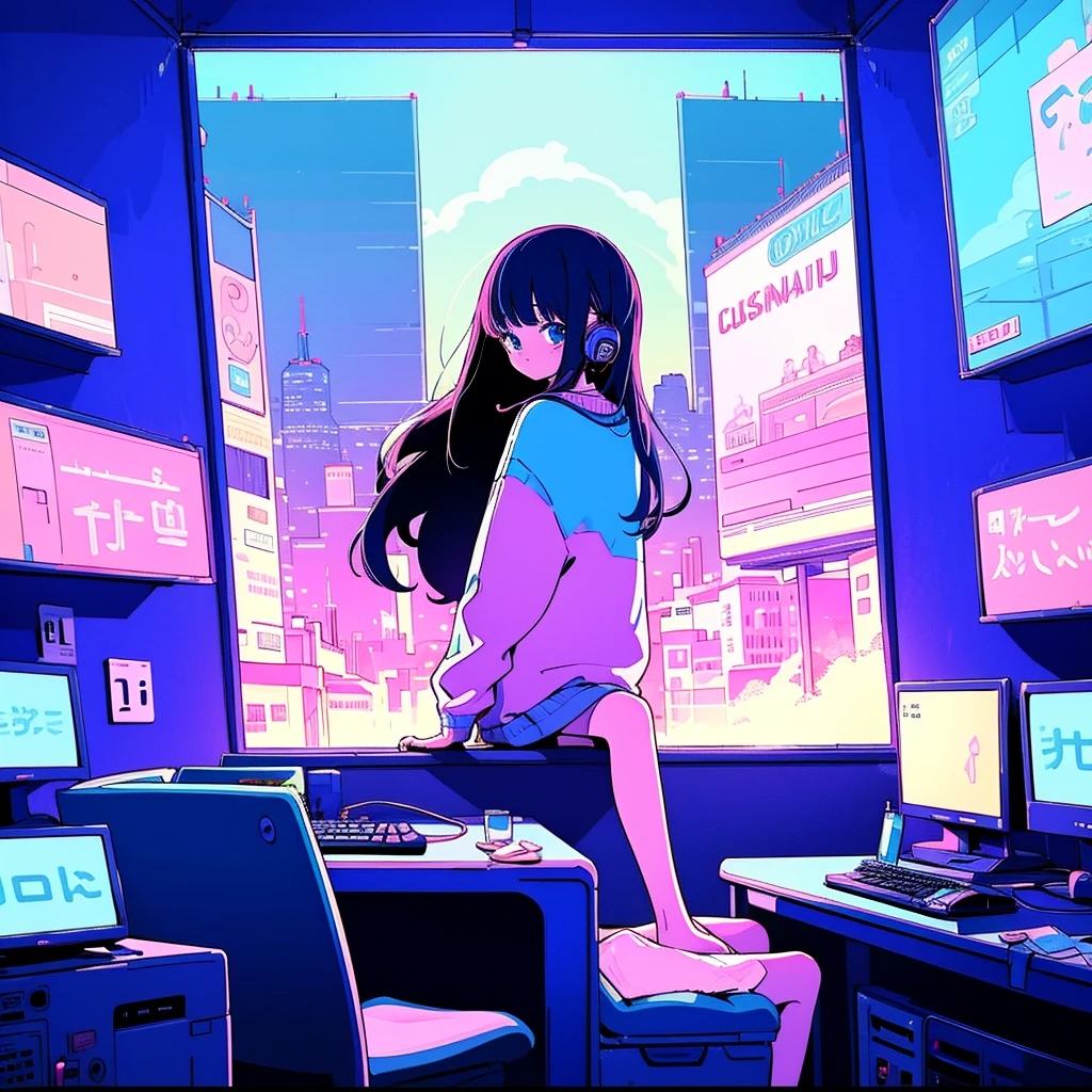 (From behind), Anime girl sitting in front of a computer in a cozy bedroom, Girl listening to music in a cozy room (night), Use headphones, On the roof, (beautiful night views from windows), Lots of things, 2D Anime Style, The aesthetics of anime in the 90s, Lo-Fi, Very detailed, hard disk, A mix of anime style and Fujifilm, Surreal, 8k, masterpiece,summer,LOFI,