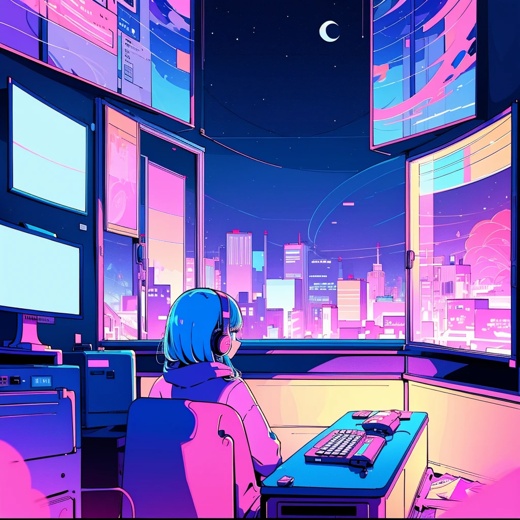 (From behind), Anime girl sitting in front of a computer in a cozy bedroom, Girl listening to music in a cozy room (night), Use headphones, On the roof, (beautiful night views from windows), Lots of things, 2D Anime Style, The aesthetics of anime in the 90s, Lo-Fi, Very detailed, hard disk, A mix of anime style and Fujifilm, Surreal, 8k, masterpiece,summer,LOFI,