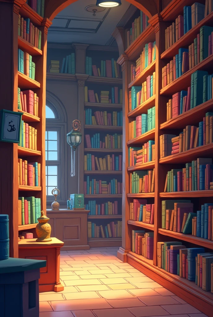Create an animated library, the view is from the inside side.......I don&#39;t want people in the picture,only the library , The view is from the side looking towards book shelves.  The library needs to look more cartoonish, without losing the aesthetics of a normal library 