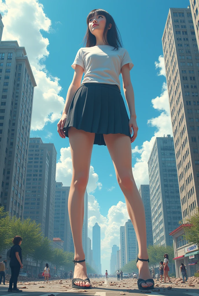 (Giant girl Art), (Super Best masterpiece giant girl Raw Photography Art), (16K, Highest quality, Ultra-high resolution, RAW Photos), (Although it is the real world, It's so unrealistic.), (Very detailed depictionの, 3,500m Giant Woman, Ultra-realistic), (Japanese Girls, So beautiful and detailed, Perfect female body, Accurate female body structure, Accurate female body movements, Highly detailed female body, Super big breasts), Short sleeve shirt, Short skirt, I can see your pants, Very cute face, (Very detailed depiction, Clear and accurate perspective depiction, Ultra-wide field of view, Focus on the average value of the image), Between the skyscrapers, Looking up at the sky, Far away from the city, An enormous giant woman is standing there, Seeing it is unimaginable, It's too big to compete with, The size that seems to reach the sky, When the giantess' feet hit the ground, The ground shook violently, The whole building collapsed, The road cracks, The people in the town can't stand, The car is lifted into the air by the impact, The destructive power of the giant woman is incredible., smiling at us, Panic movie depiction