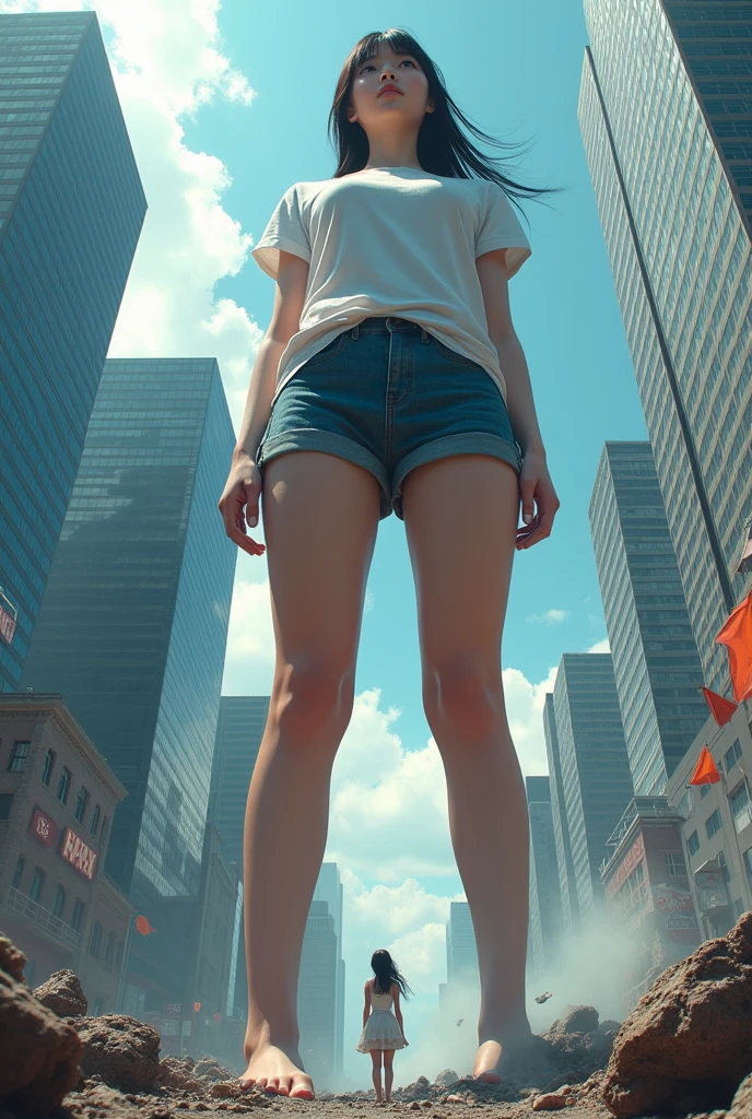 (Giant girl Art), (Super Best masterpiece giant girl Raw Photography Art), (16K, Highest quality, Ultra-high resolution, RAW Photos), (Although it is the real world, It's so unrealistic.), (Very detailed depictionの, 3,500m Giant Woman, Ultra-realistic), (Japanese Girls, So beautiful and detailed, Perfect female body, Accurate female body structure, Accurate female body movements, Highly detailed female body, Super big breasts), Short sleeve shirt, Short skirt, I can see your pants, Very cute face, (Very detailed depiction, Clear and accurate perspective depiction, Ultra-wide field of view, Focus on the average value of the image), Between the skyscrapers, Looking up at the sky, Far away from the city, An enormous giant woman is standing there, Seeing it is unimaginable, It's too big to compete with, The size that seems to reach the sky, When the giantess' feet hit the ground, The ground shook violently, The whole building collapsed, The road cracks, The people in the town can't stand, The car is lifted into the air by the impact, The destructive power of the giant woman is incredible., smiling at us, Panic movie depiction