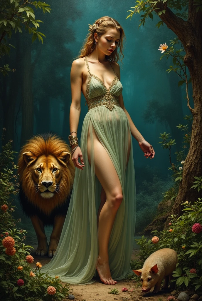 caravaggio lighting; high contrast; hyper-realism; Circe witch from madeline miller; her pig and leon; island of Circe; Godess; realism; circe is working in her garden; mistery; strenght; beautiful women; circe is collecting ingredients to do her potions; beautiful semi-transparent dress showing some woman chest; greek mythology