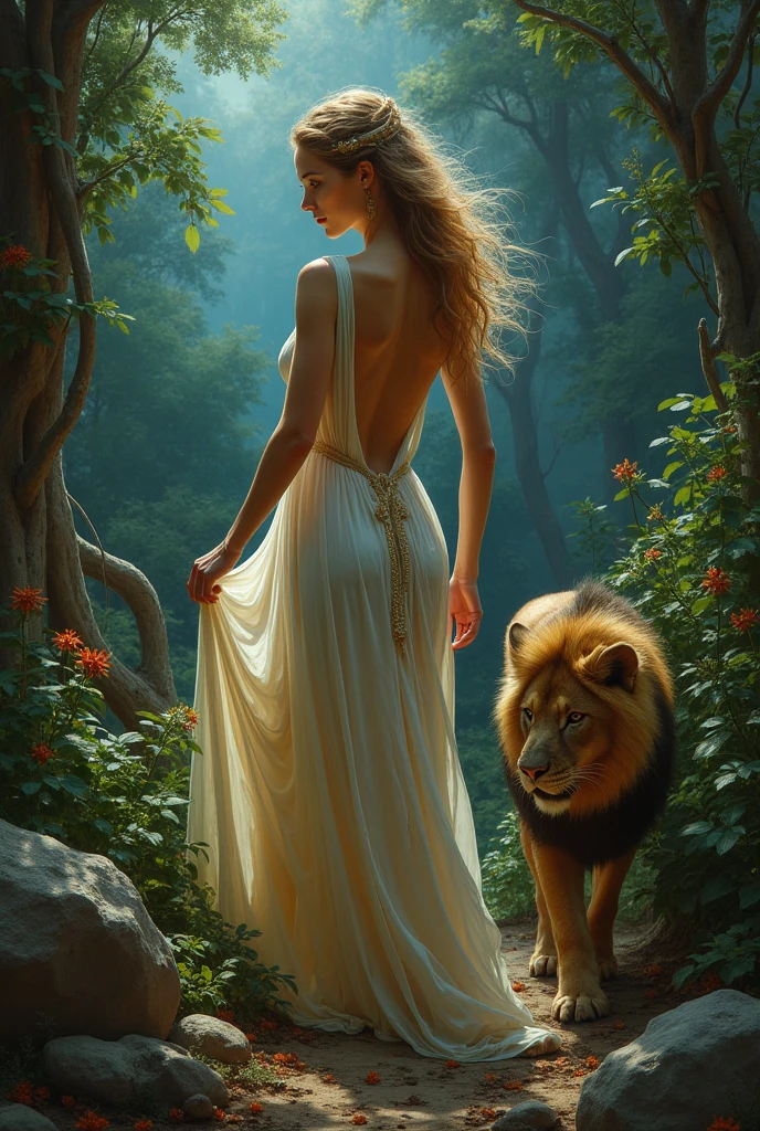 caravaggio lighting; high contrast; hyper-realism; Circe witch from madeline miller; her pig and leon; island of Circe; Godess; realism; circe is working in her garden; mistery; strenght; beautiful women; circe is collecting ingredients to do her potions; beautiful semi-transparent dress showing some woman chest; greek mythology
