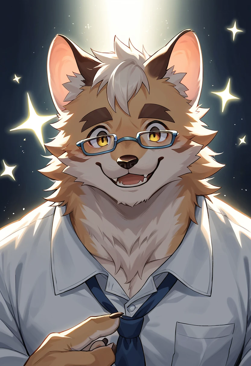 rating_safe, score_9, score_8_up, score_7_up, score_6_up, score_5_up, score_4_up, hires, highres, source_furry, cover page(kemono, furry anthro, angelic handsome 1boy, Smiling embarrassedly, glasses)Handouts, college professor, Lab of a crazy scientist, A dausy chemical that shines, white board, Beautiful lights and shadows, Ambient light, Volumetric lighting, Dynamic configuration, Highly detailed and colorful details, luminous lighting, Atmospheric lighting, dream magical, magic, Glowing light,