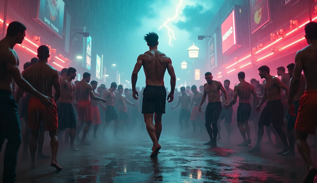 (ultra detailed), thunder、A scene in which a male dance troupe member breaks through 100 enemies。and、The scene transitions to a dance party.。