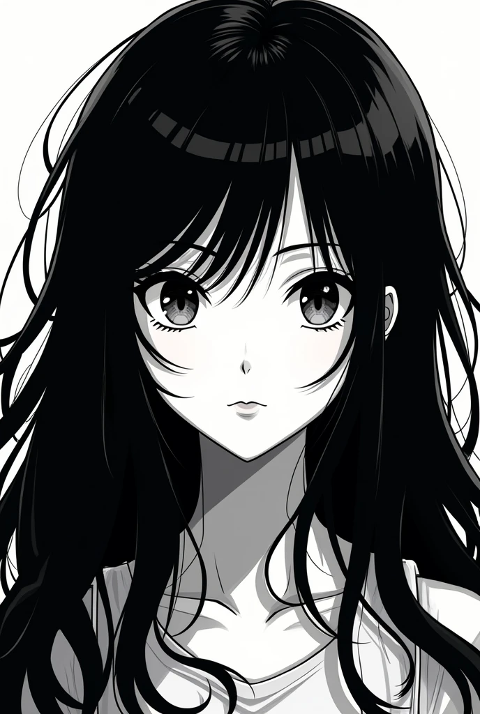 long black hair girl face anime manga style 2d in black and white