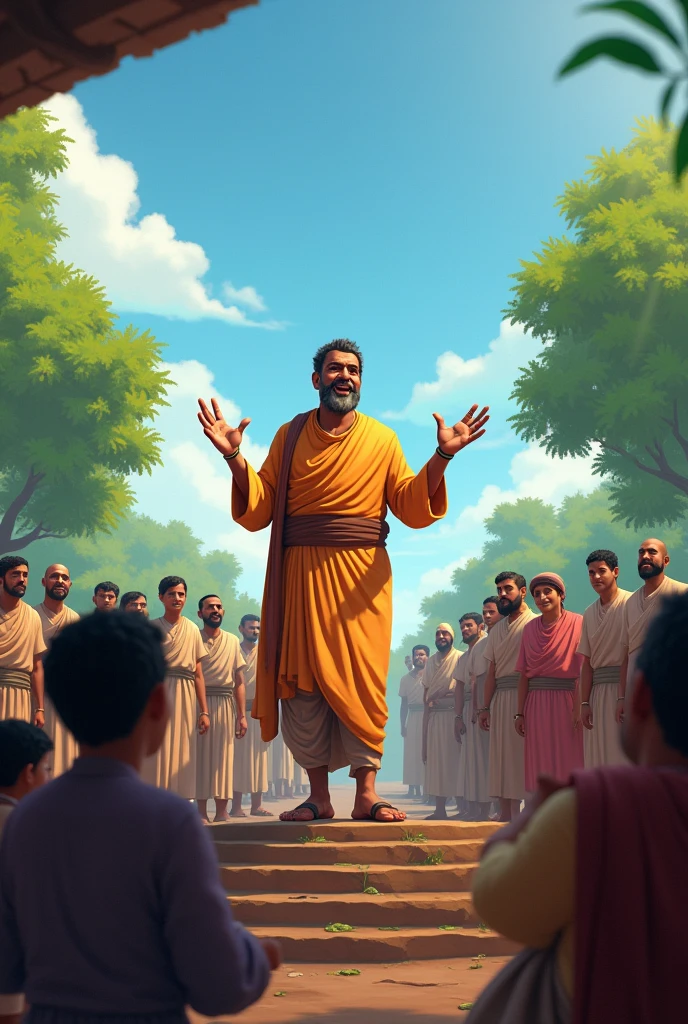 Ramu stands on a small platform or steps of the village temple, addressing a gathering of villagers, including men, women, and children of various ages. He speaks passionately, gesturing with his hands, while the villagers listen attentively, with expressions of inspiration and admiration. Behind him, there are trees and a clear blue sky, reflecting a hopeful and bright future.