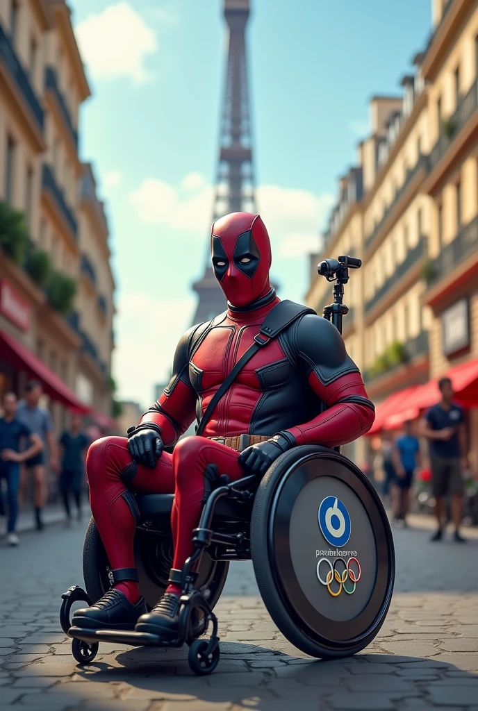 peux-tu me réaliser une photo avec Deadpool, assis sur une chaise roulante à Paris avec le logo paralympiques