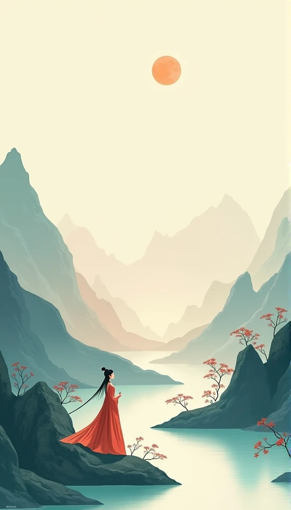 Chinese landscape, A medieval woman in the mountains and rivers,Minimalist sketches,abstract paintings, Zen, Amy Sol style, Cover art with light abstraction, Simple vector art, Contemporary Chinese art, Gradient of color, Soft color palette, layered forms, Whimsical animation, The style is ethereal and abstract, red