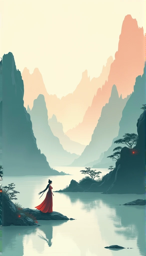 Chinese landscape, A medieval woman in the mountains and rivers,Minimalist sketches,abstract paintings, Zen, Amy Sol style, Cover art with light abstraction, Simple vector art, Contemporary Chinese art, Gradient of color, Soft color palette, layered forms, Whimsical animation, The style is ethereal and abstract, red