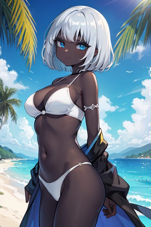 (masterpiece, best quality, highres:1.3), ultra detailed, 2D anime, (4k),
BREAK
1girl, smile, closed mouth, cheerful, (beautiful face), (detailed face), looking at viewer, back view, standing, model pose, from back, (better hands, perfect hands:1.3)
BREAK
(obsidian black skin:1.4), (ultra black skin1.3), (colored skin:1.3), (beautiful skin), lustrous skin, shiny skin, (finely detailed skin), (detailed skin texture), (wet skin)
BREAK
(shiny silver hair:1.2), (blue inner hair:0.8), medium hair, bob cut, asymmetrical bangs,
BREAK
(ocean blue eyes:1.2), glowing eyes, (beautiful eyes), (detailed eyes),
BREAK
25yo, female, (beautiful body), (perfect body), glamorous, slim, large breast, large areolas, cleavage, midriff peek, navel, (perfect hip), narrow waist,
BREAK
white layered bikini, (detailed clothings), showing cleavage, showing navel, midriff peak
BREAK
outdoor, sea, ocean, islands, palm trees, (scenery), night sky, (scenery), in the night, (aesthetic), (dynamic lightings),