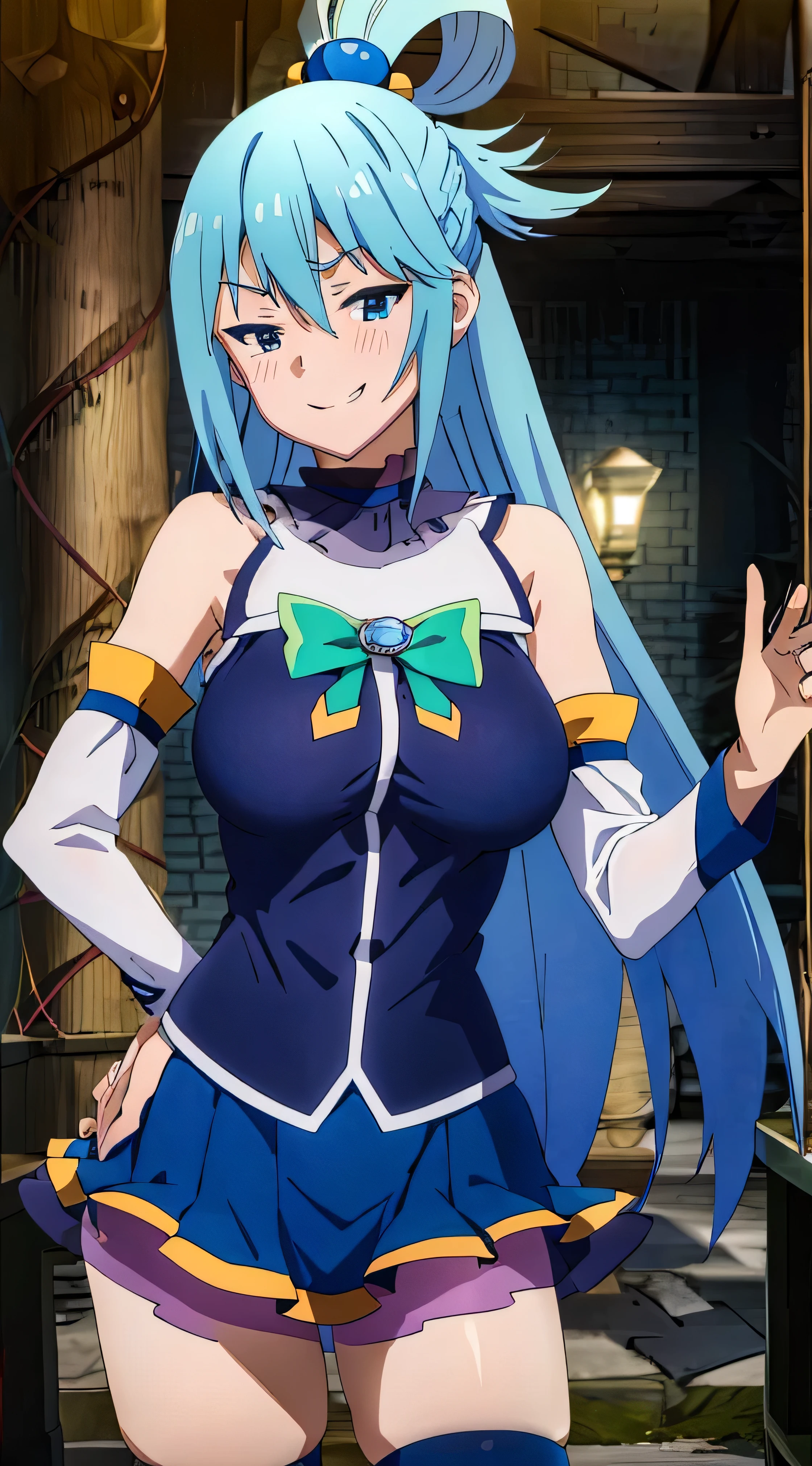 (masterpiece, best quality:1.2), expressive eyes, perfect face, highres, 1girl, solo, aaaqua, long hair, blue hair, hair rings, hair ornament, choker, bare shoulders, green bow, blue shirt, detached sleeves, blue skirt, thighhighs, happy smiling, standing, upper body, portrait, looking at the viewer,curvy,,oily skin,shiny skin,most evil huge laugh,lipstick,sadistic smile,deep shaded face(eyes in shadow),singlebraid,smile worst,worst ridecule,most evil moukery,,onebraid,,two hands,five fingers,dark aura background,A face full of evil,most evil ridicule,,horor, Violence, , The Empowerment of Evil, monster,naughty face,seductive smile,evil smirk, hand on hip, ojou-sama pose,