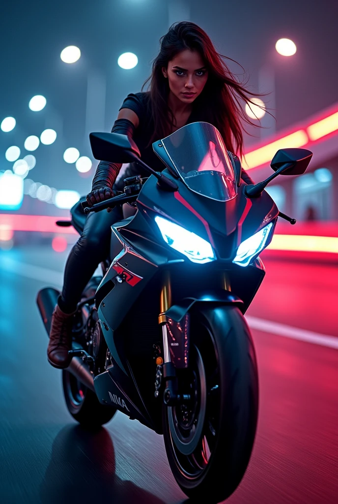 A beautiful girl riding ninja h2r on highway with neon lights
