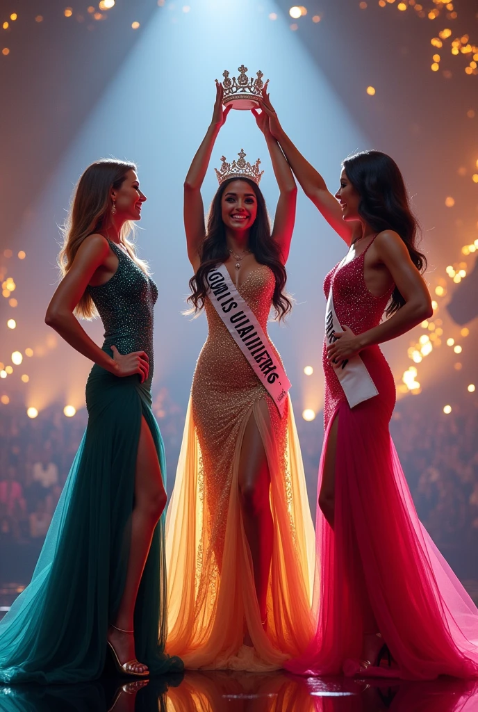 Two last standing of Miss Universe. The center is Miss Universe while hold the crown