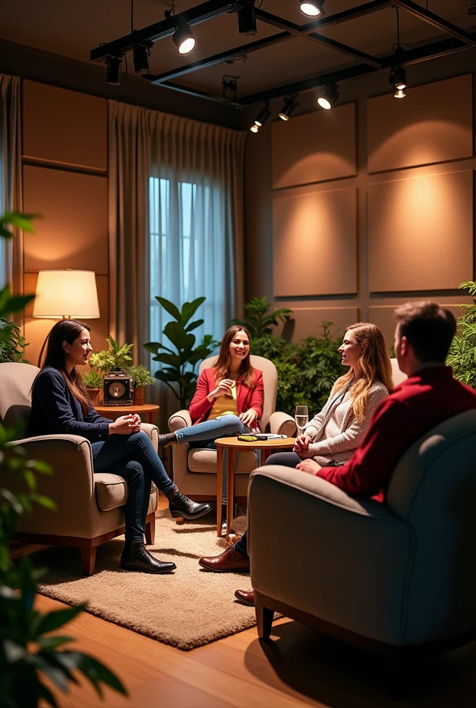 Radio show atmosphere with large chairs for guests