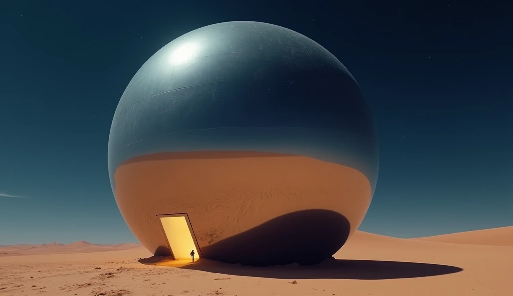 a massive mirror smooth sphere rest on the desert floor at night. a small door is open at ground level, spilling light onto the sand photo realistic