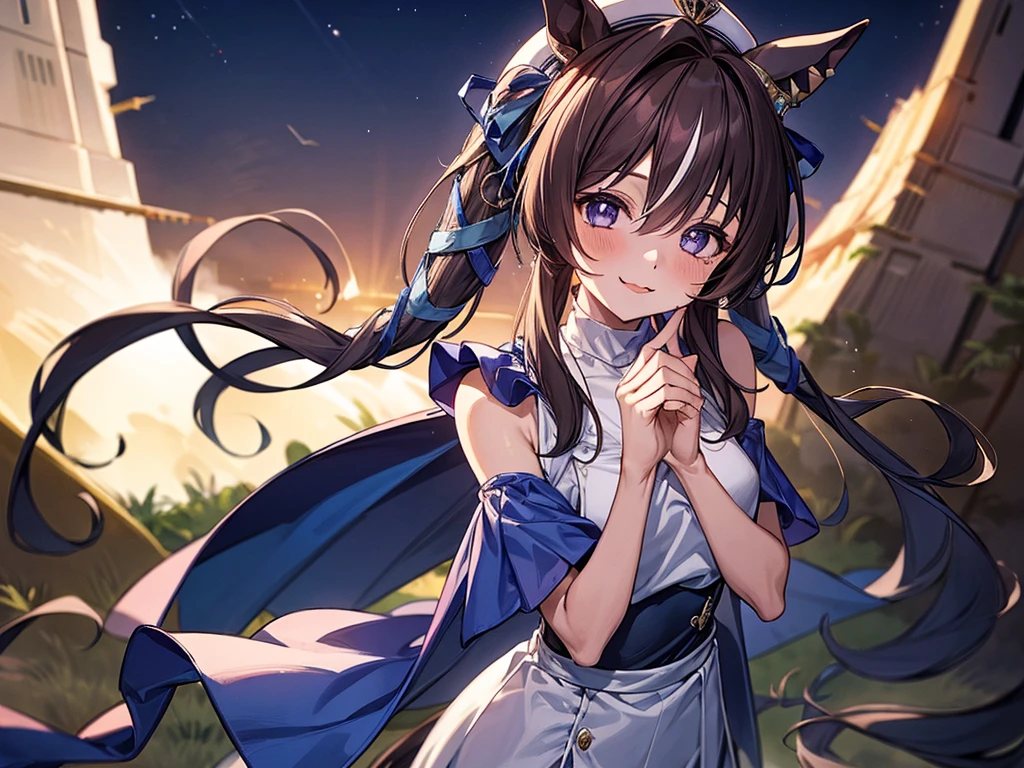 masterpiece, uhd, best quality, highres, 8k、shoot from above、upper body shot。solo、Alone、１Alone。Girl with horse ears、beautiful girl、low length、。Smile。Pink Lipstick、Small breasts。Shoulder less、turtleneck、Blue Dress、Evening Dresses、Feather coat、Attached sleeves。Hands on hips。breeze、cliff、Starry Sky。